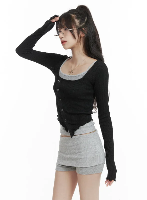 Weekend Savings Galore Asymmetrical Neck Solid Button Long Sleeve Top CA402