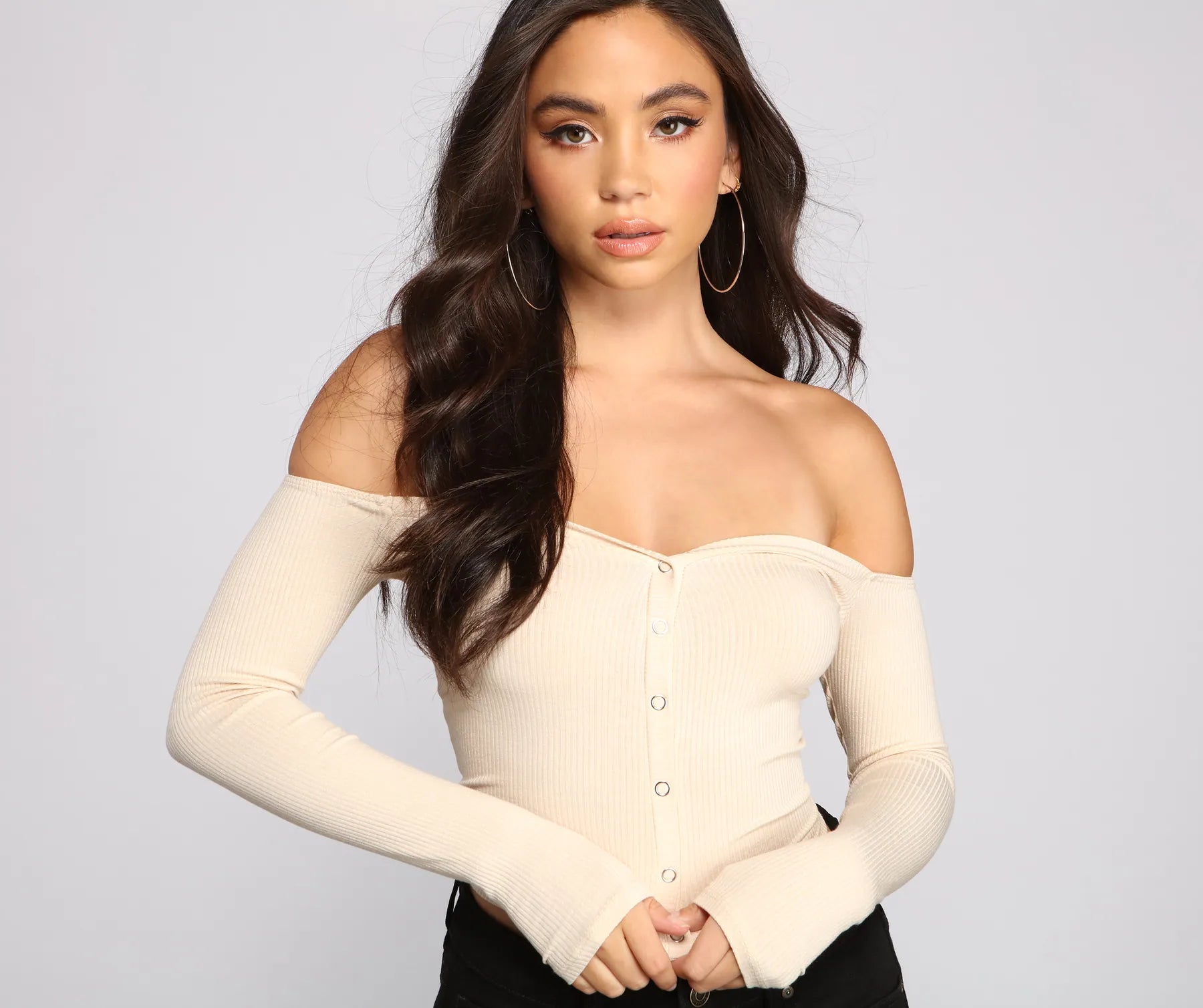 Stock Clearance Off The Shoulder Ribbed Henley Top