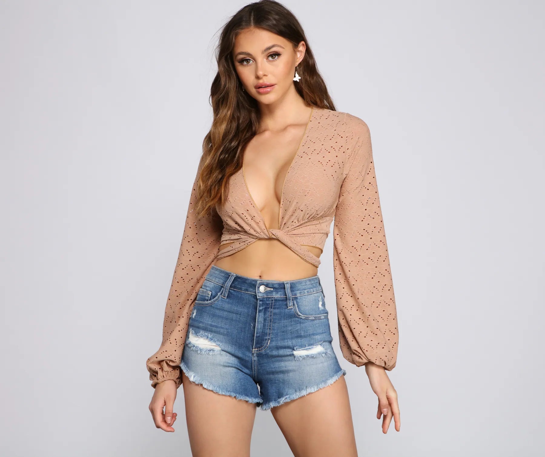 Closeout Deal Totally Chic Eyelet Tie Front Top