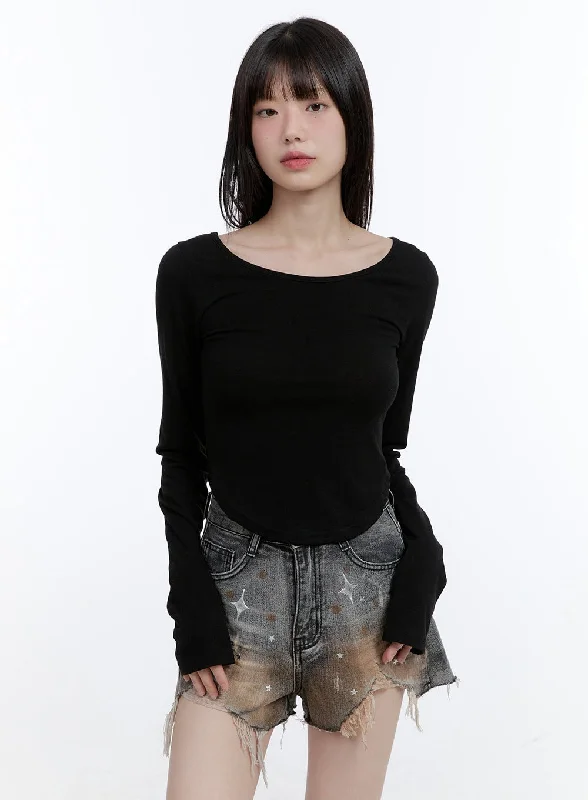 Shop the Weekend Away Boat Neck Solid Long Sleeve Crop Top CG413