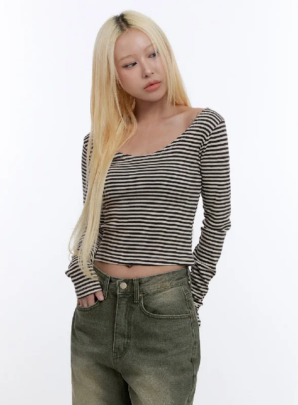 Unbeatable Deal U Neck Stripe Crop Long Sleeve Top CO419
