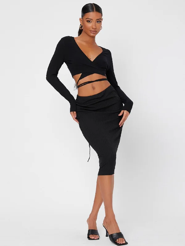 Weekend Specials to Delight Sexy Plain Wrap Long Sleeve V Neck Crop Women Top