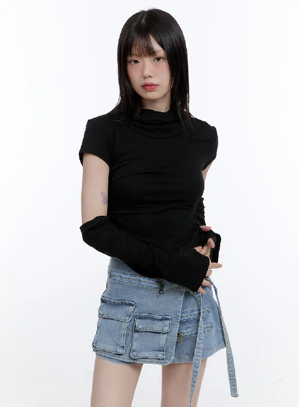 Celebrate the Weekend with Discounts Mock Neck Crop Hoodie Top with Arm Warmers CG413