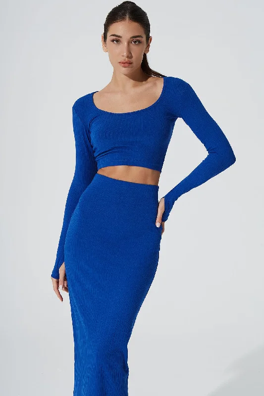 Savings Soar This Weekend Zeya Knitted Long Sleeve Crop Top - Egyptian Blue