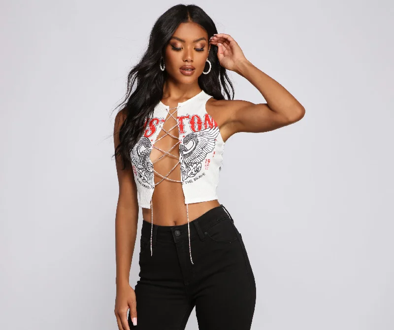 Weekend Wonders Await! Rock N'Glam Rhinestone Lace-Up Crop Top