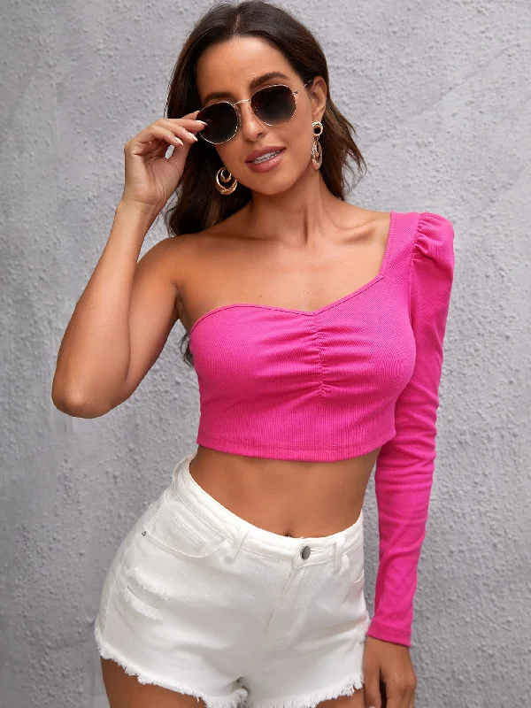 Weekend Discounts to Delight Sexy Plain Ruched Long Sleeve One Shoulder Crop Women Top