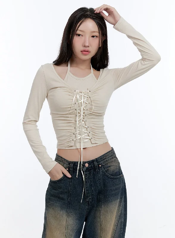Value Deals Lace-Up Halter Neck Crop Top CG413
