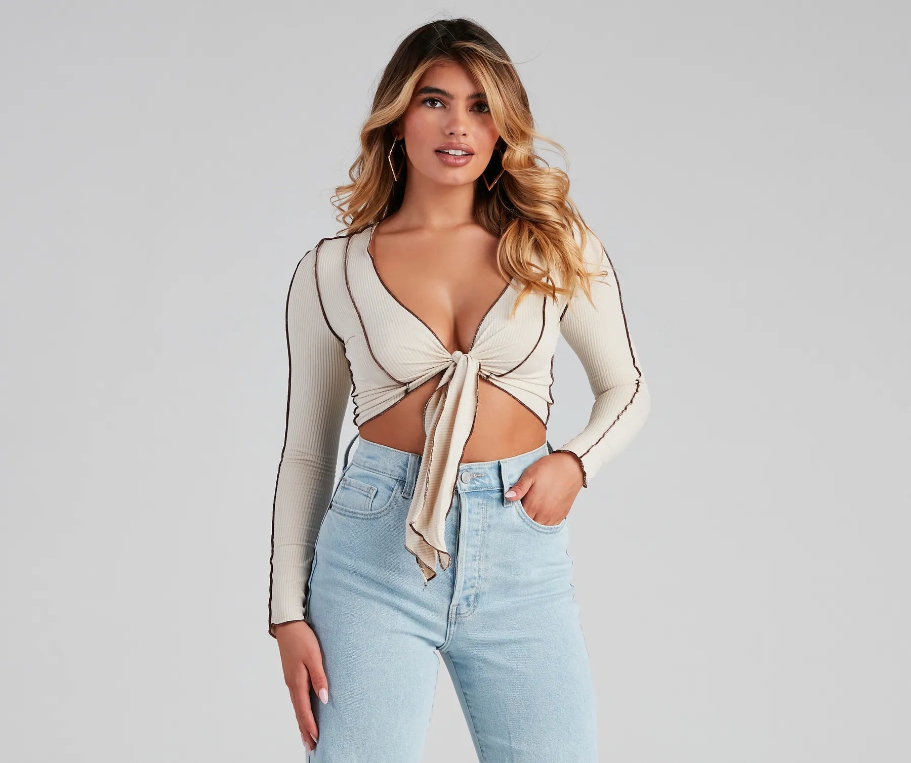Shop and Save Trendy Ribbed Knit Tie-Front Top