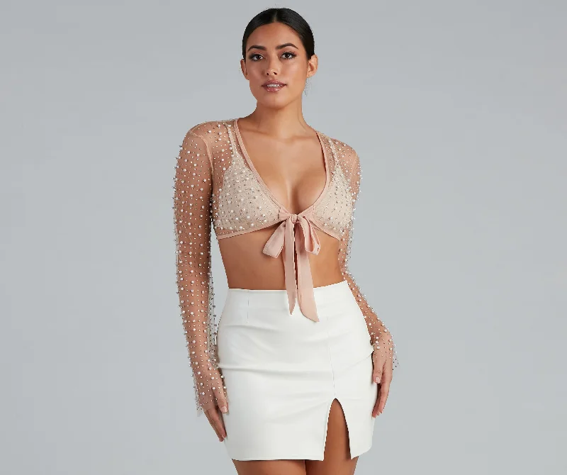 Overstock Clearance Glowing Glam Pearl Tie Front Top