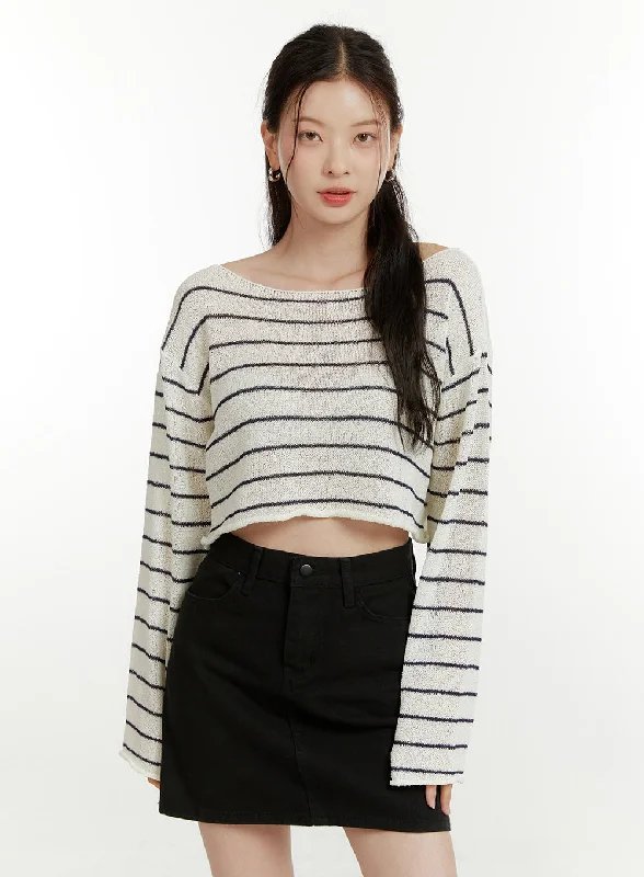 Special Price Summer Boat Neck Stripe Crop Top OU418
