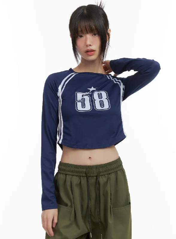 Sale Event Slim Fit Number Print Cropped Long Sleeve Top CO410