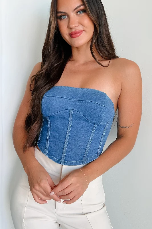 Overstock Sale Burned Bridges Strapless Denim Crop Top (Medium-Light Denim)