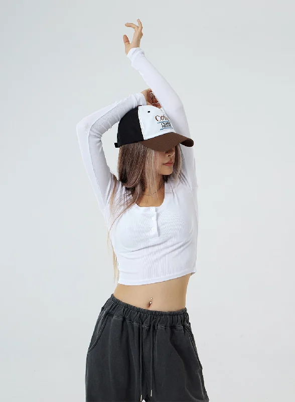 Weekend Discounts to Delight Button U-Neck Crop Long Sleeve T-Shirt CS02
