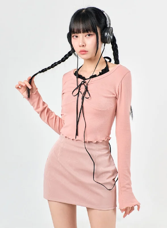Time-Limited Offer Ribbon Halter Shirring Crop Top IJ430