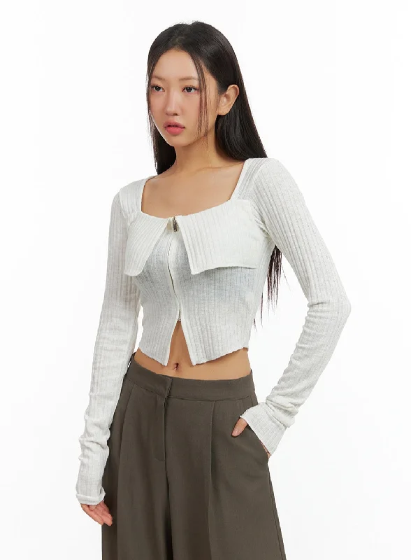Weekend Bargains to Cherish Slit Zip-Up Square Neck Crop Top IS402