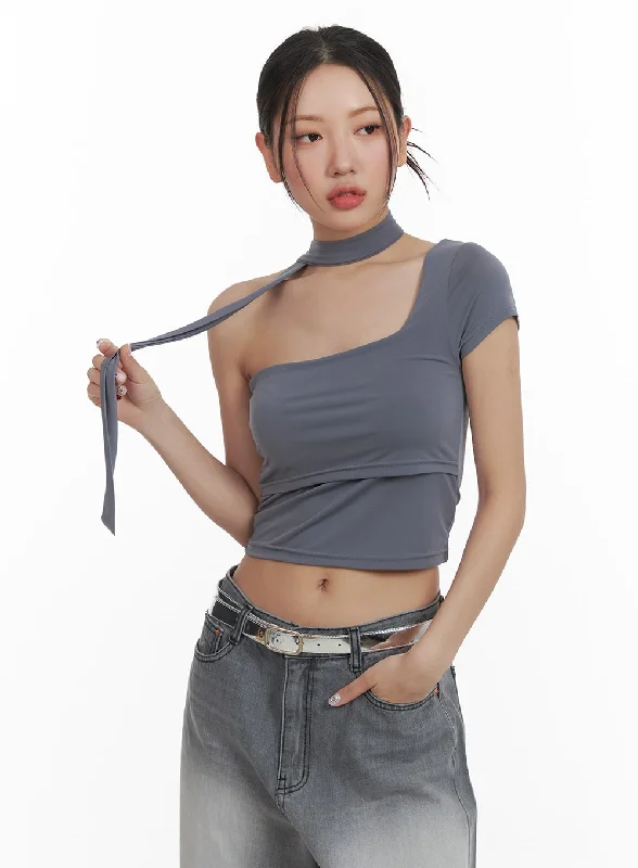 Final Clearance One Shoulder Crop Tee with Thin Scarf CA416