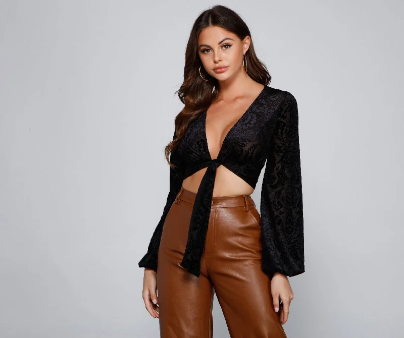 Quick Sale Classic Beauty Tie-Front Burnout Top