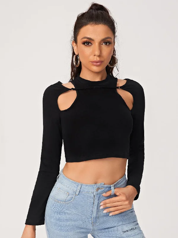 Act Now Sexy Plain Cut Out Long Sleeve Stand Collar Crop Women Top