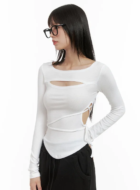 Weekend Offers That Thrill Cut-Out Tie Long Sleeve Crop Tee CG426