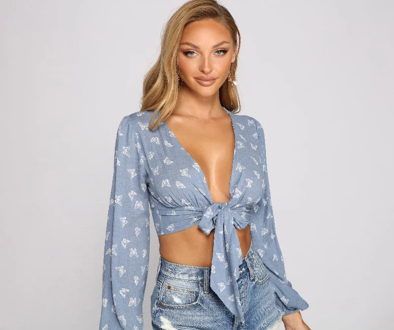 Weekend Offers That Impress Flirty And Fluttery Butterfly Tie Front Top
