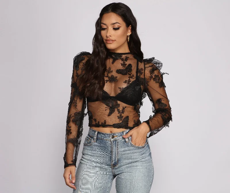Exclusive Deal Flutter Some Hearts Mesh Crop Top