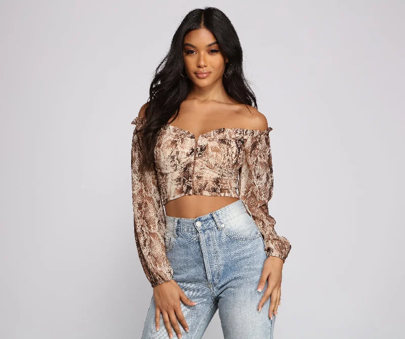 Weekend Savings Galore Trendy Stunner Snake Print Crop Top