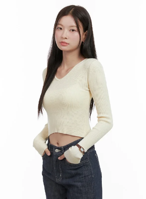 Instant Deal V-Neck Slim Crop Long Sleeve Top OG416