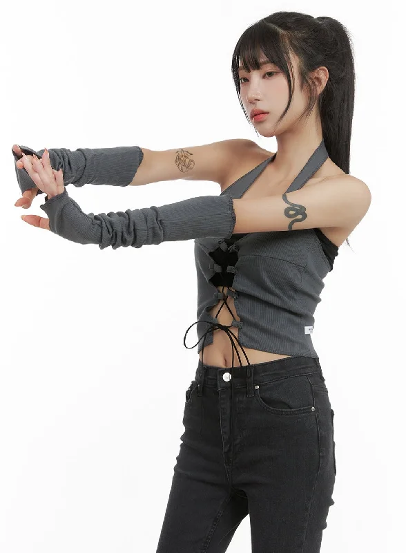 Weekend Offers That Amaze X-Strap Halter Crop Top with Warmers CG430