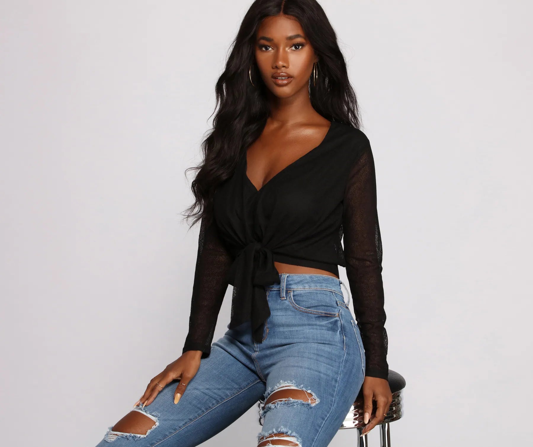 Shop the Weekend Away Sheer Glam Tie Front Top