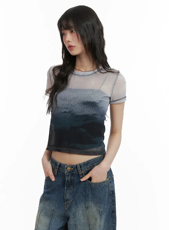 Take Advantage Mesh Graphic Cropped Tee CA412