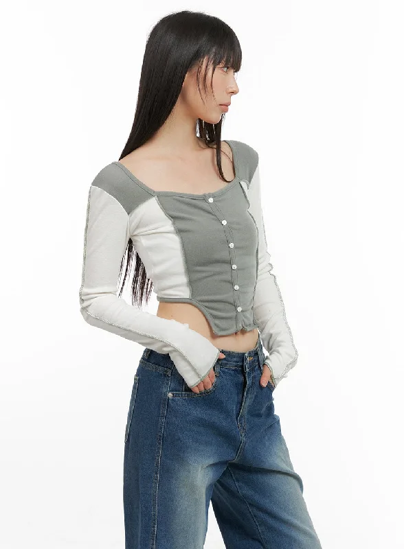 Weekend Special Contrasting Long Sleeve Crop Top CG420