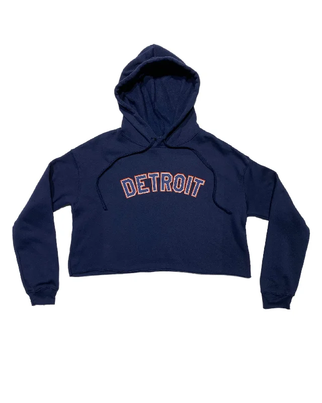 Weekend Deals That Spark Ink Detroit Fleece Crop Hoodie - Orange and Navy print on Navy