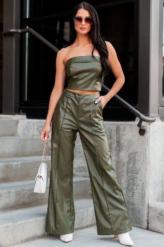 Online Deal Certified Hot Girl Faux Leather Two-Piece Set (Olive)