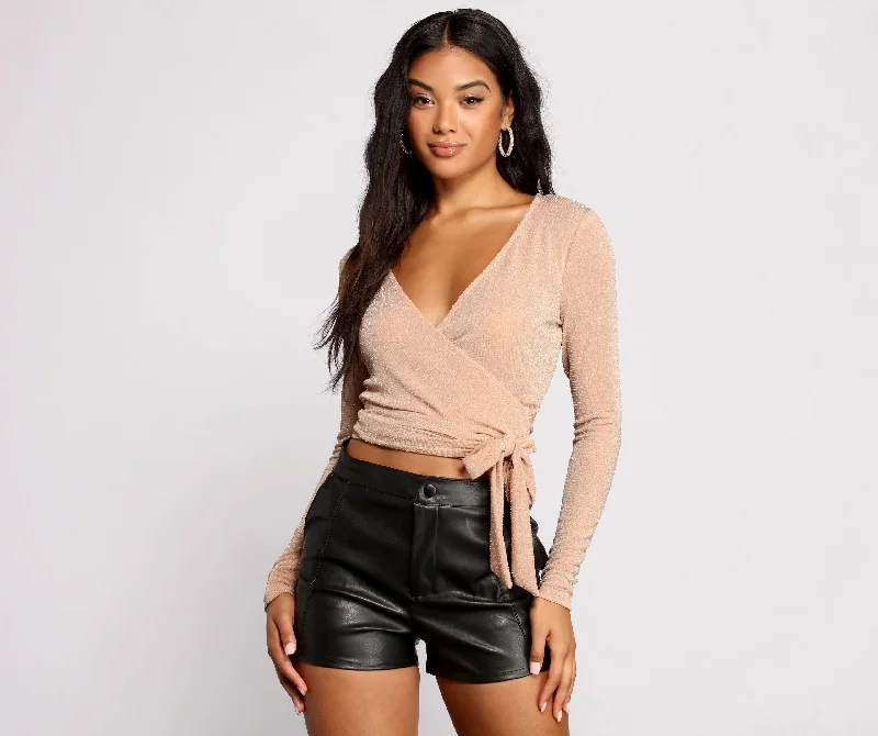 Shop and Save Glitz And Glimmer Faux Wrap Front Crop Top