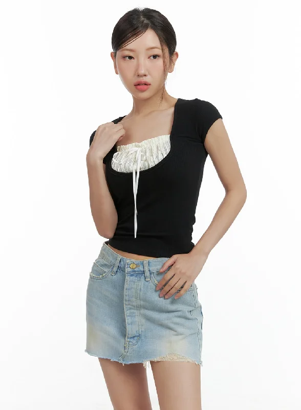 Super Bargain Ribbon Shirred Crop Top CL417