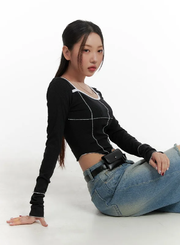 While Supplies Last U Neck Stitched Detail Cropped Long Sleeve CA416