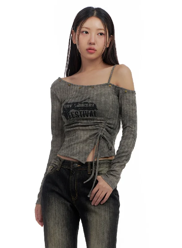 Weekend Savings Bonanza Edgy Asymmetrical Graphic Crop Long Sleeve CS425