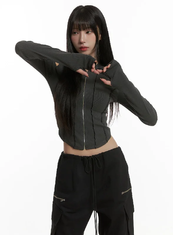 Weekend Specials to Grab Ribbed Hooded Slim Crop Zip-Up Top CG430