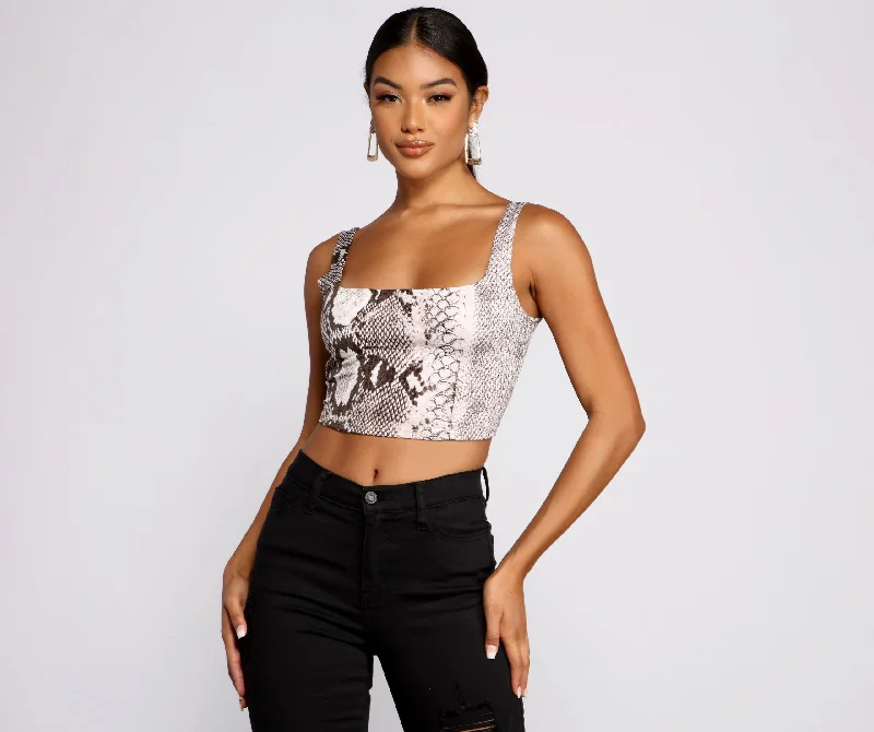 Year-End Deals Sequin Snake Print Square Neck Crop Top