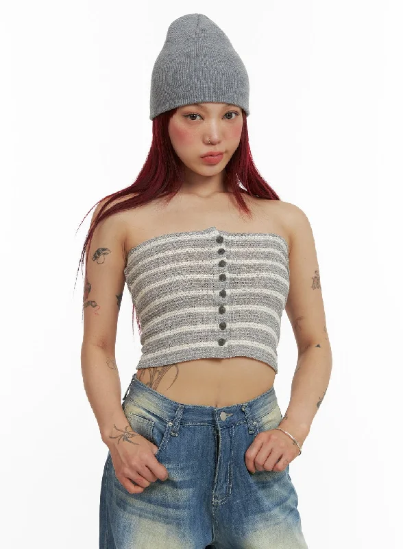 Weekend Discounts Worth Grabbing Stripe Buttoned Tube Top CY429