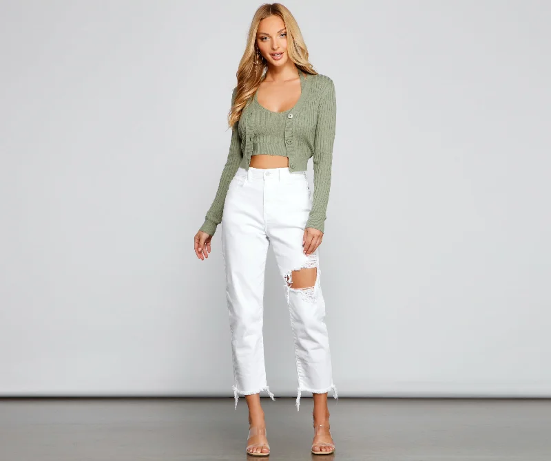 Crazy Deal Basic Ribbed Knit Cropped Cardigan