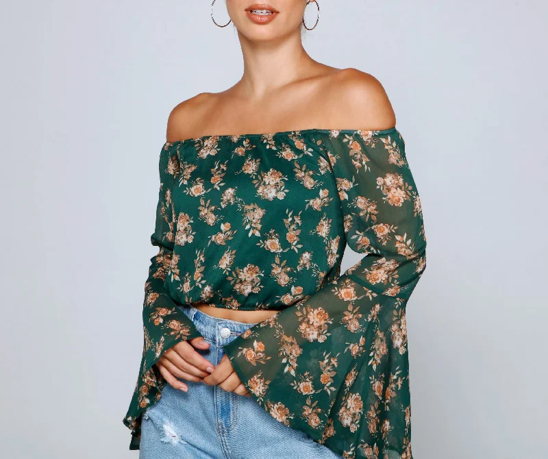 Mega Discount Floral Passion Off The Shoulder Chiffon Top