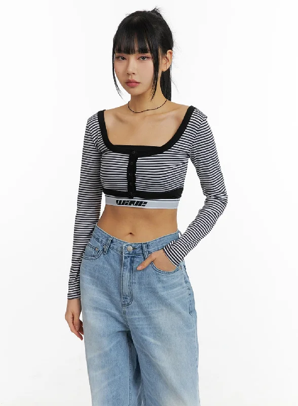 Mega Sale Round Neck Striped Long Sleeve Crop Top CM407