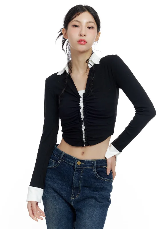 Weekend Specials to Savor Sleek Shirred Collar Cropped Long Sleeve Top CO425