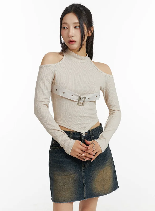 Weekend Savings Sensation Cut-Out Turtle Neck Belt Crop Top CJ416
