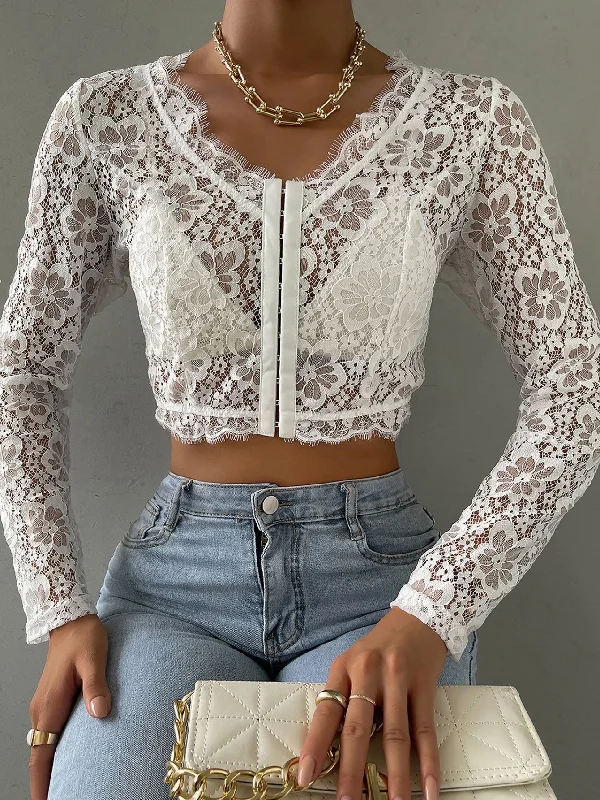 Weekend Bargains to Grab Sexy Plain Sheer Long Sleeve V Neck Crop Women Top