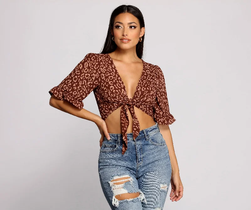 Weekend Savings Sensation Fierce and Fab Leopard Tie Front Top