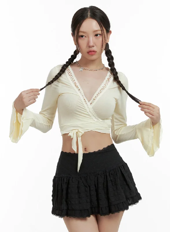 Time-Sensitive Lace V-Neck Wrapped Crop Top OL402