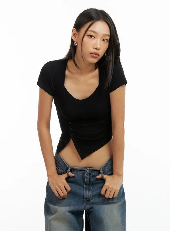 Weekend Deals That Dazzle Asymmetrical Buttoned Square Neck Crop Top IG405