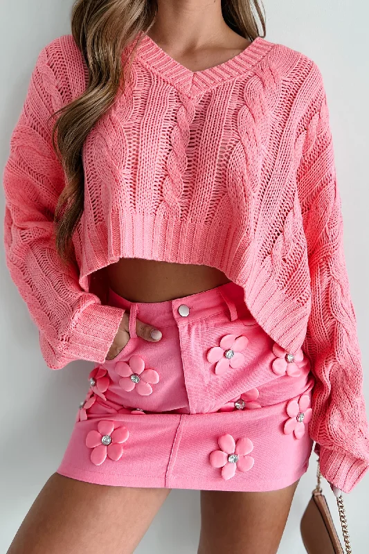 Weekend Specials to Delight All About The Cuteness Cable Knit Crop Sweater (Pink)